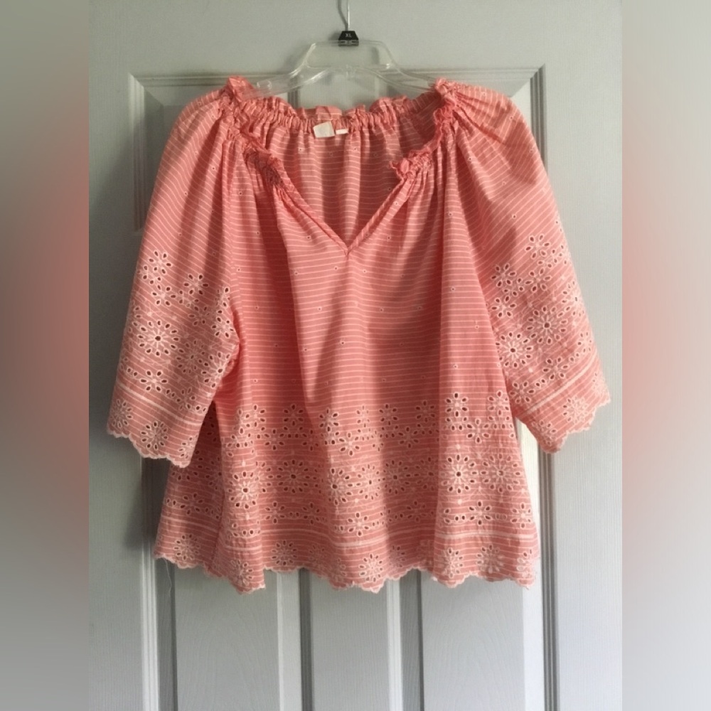 Two Women’s Gap Cotton Eyelet Stripe Elbow Sleeved Tops Peach and Blue XL